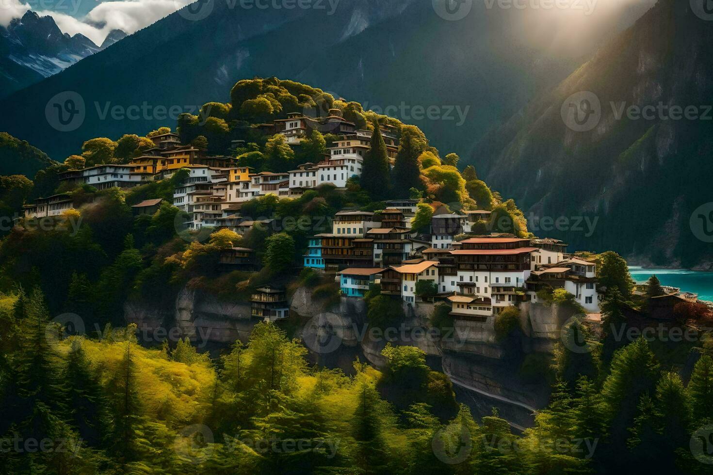 a Vila do Karasjanka dentro a montanhas. gerado por IA foto