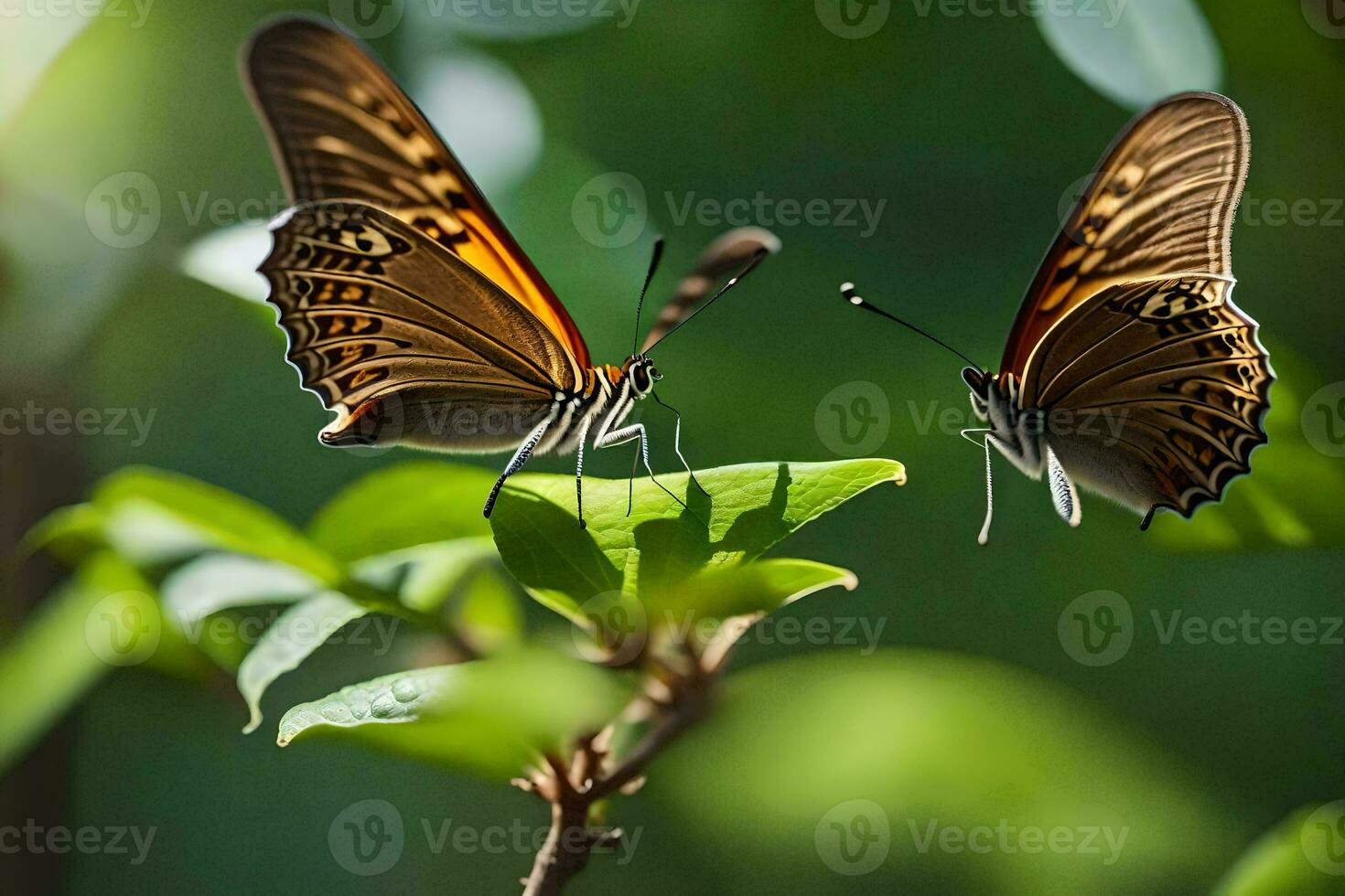 dois borboletas estão sentado em uma verde folha. gerado por IA foto