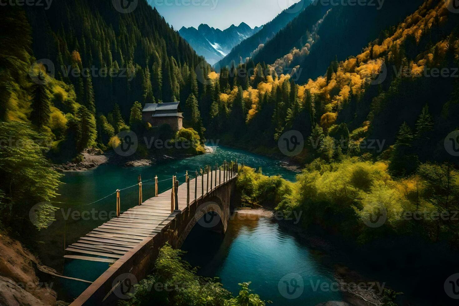 uma ponte cruzes sobre uma rio dentro a montanhas. gerado por IA foto