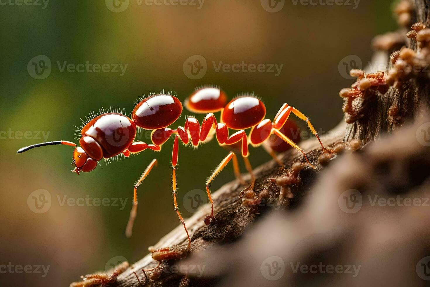 uma vermelho formiga é caminhando em uma árvore ramo. gerado por IA foto