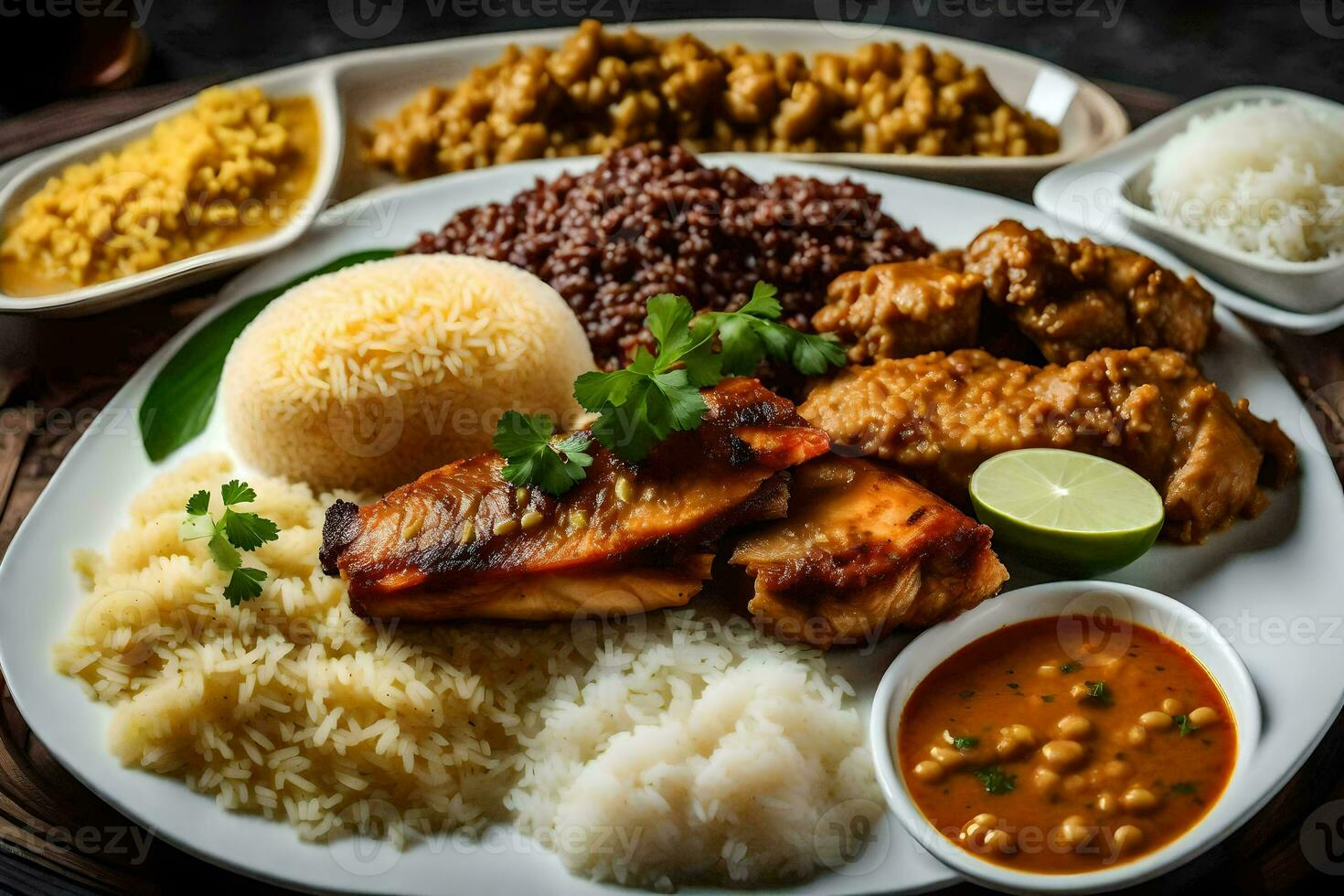 uma prato do Comida com arroz, carne e de outros ingredientes. gerado por IA foto