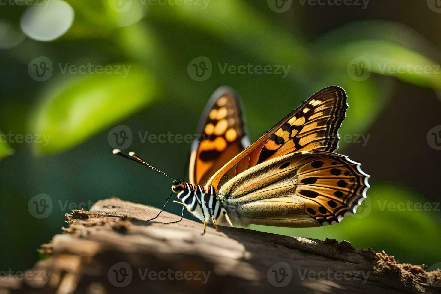 uma borboleta é sentado em uma registro dentro a Sol. gerado por IA foto