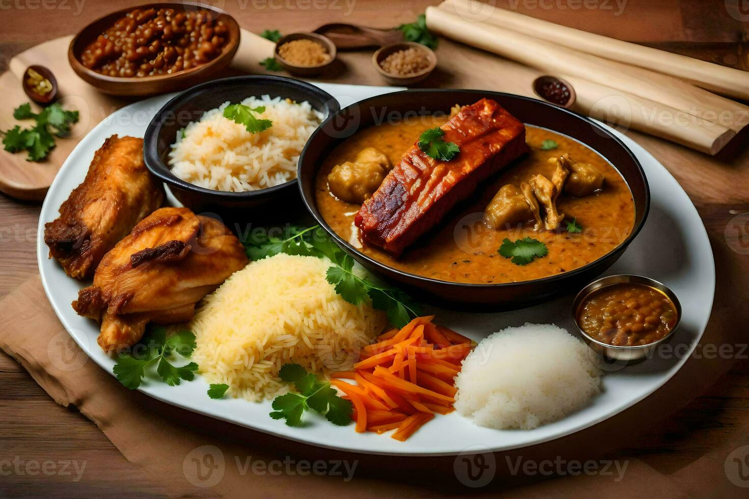 a Comida é servido em uma de madeira mesa. gerado por IA foto