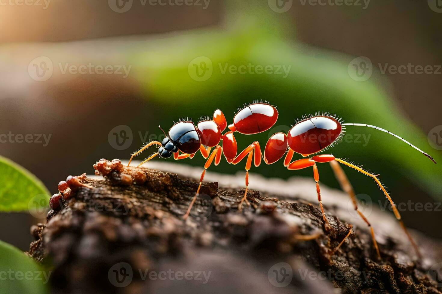 uma vermelho formiga é em pé em uma registro. gerado por IA foto