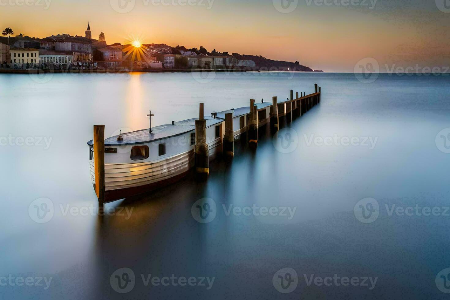 uma barco senta em a costa às pôr do sol. gerado por IA foto