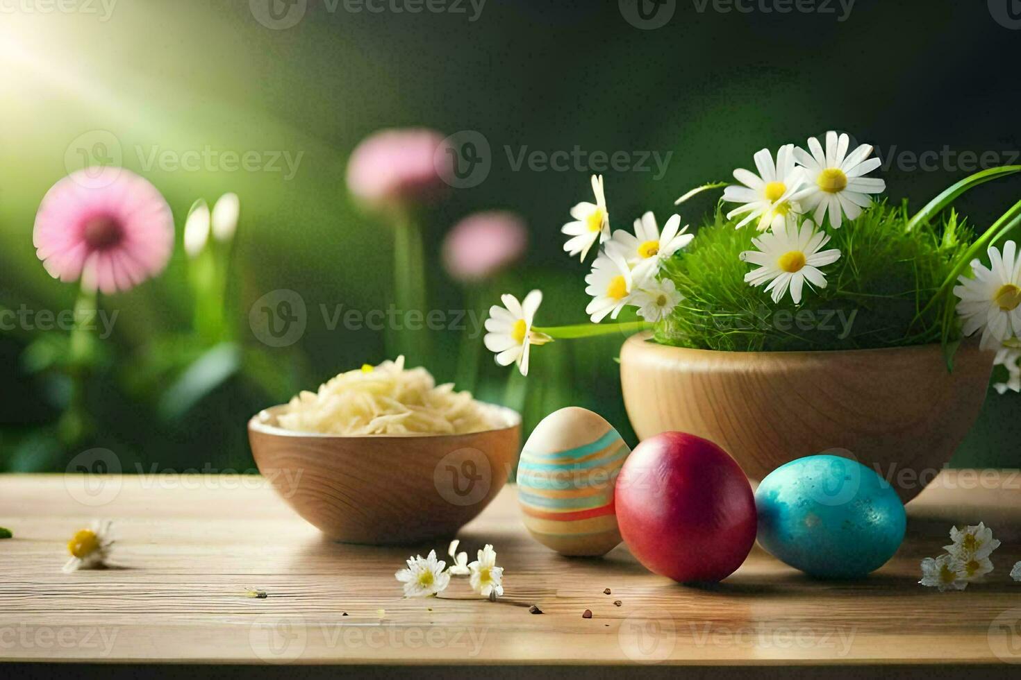 Páscoa ovos dentro uma tigela e flores em uma mesa. gerado por IA foto