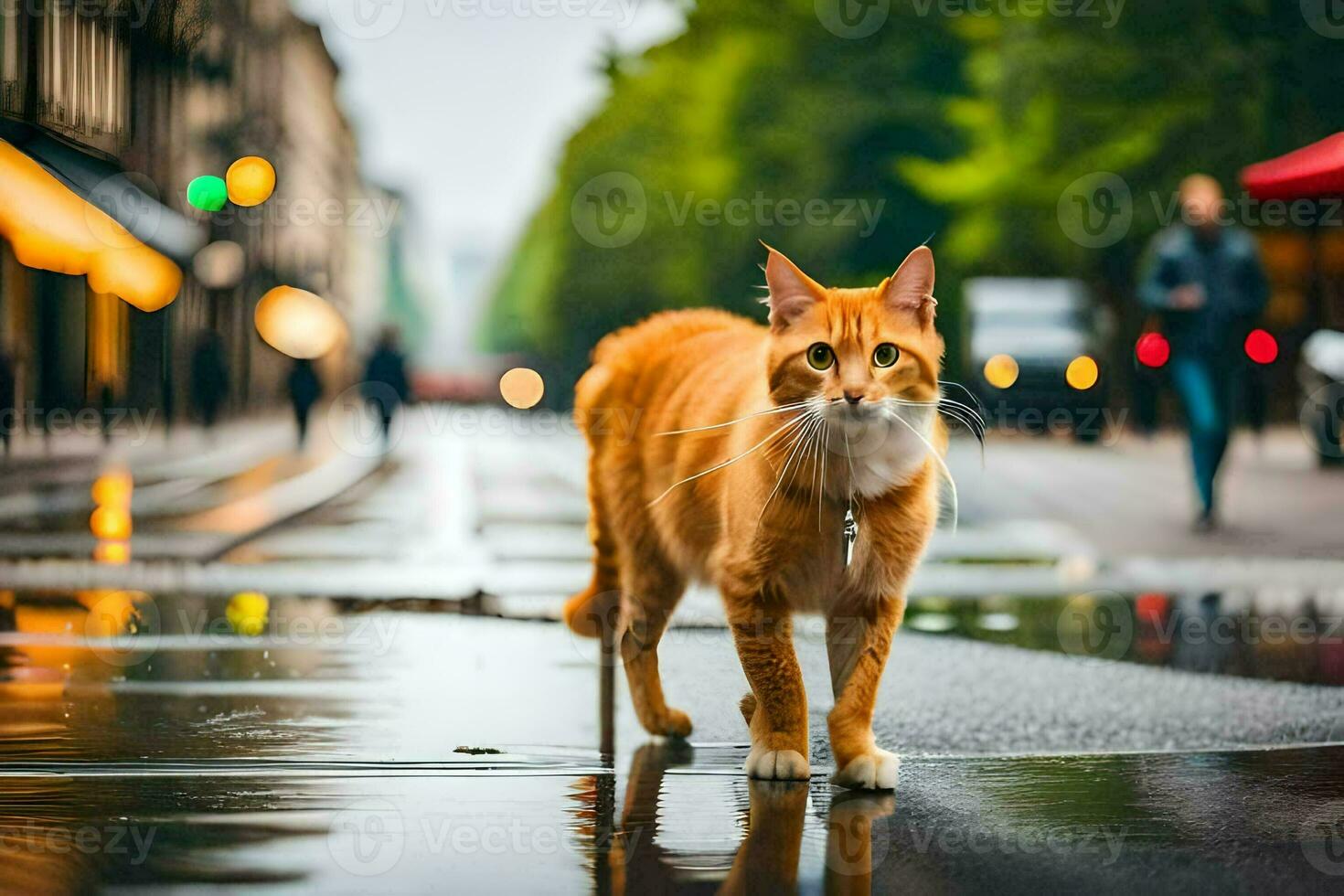 a laranja gato caminhando através uma molhado rua. gerado por IA foto