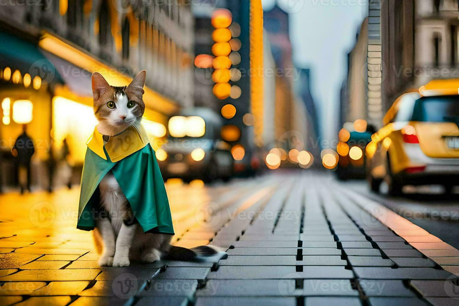uma gato vestindo uma capa em a rua. gerado por IA foto