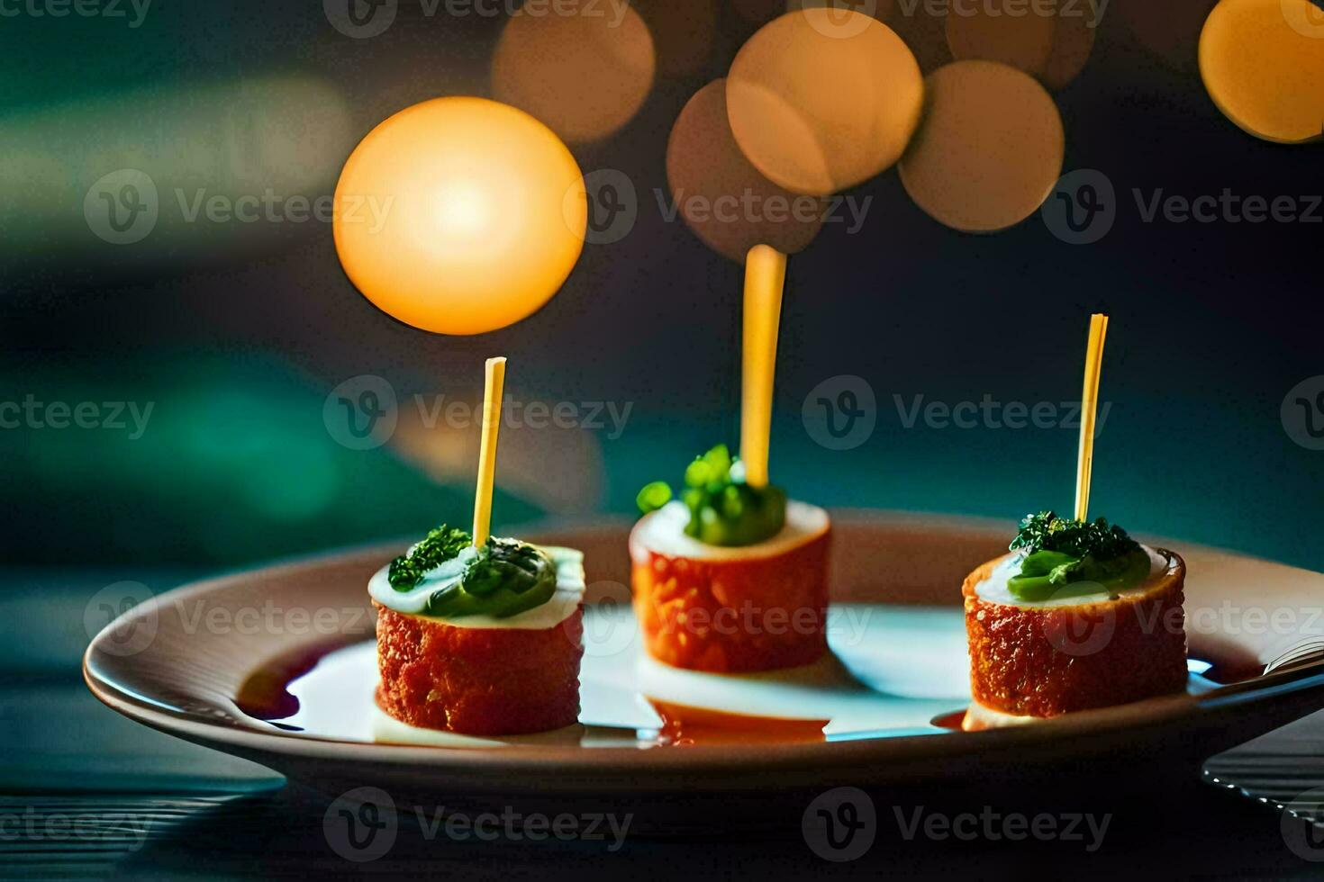 pequeno aperitivos em uma prato com palitos de dente. gerado por IA foto