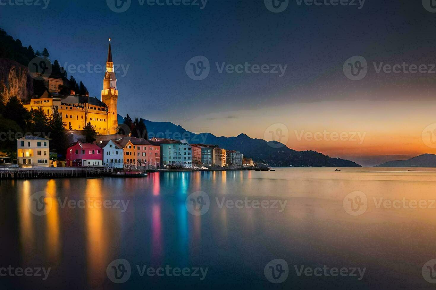 a pôr do sol sobre a cidade do kotor, Croácia. gerado por IA foto