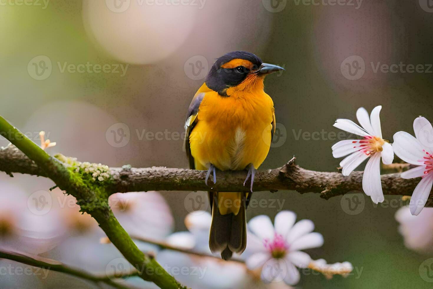 uma pássaro é sentado em uma ramo com flores gerado por IA foto