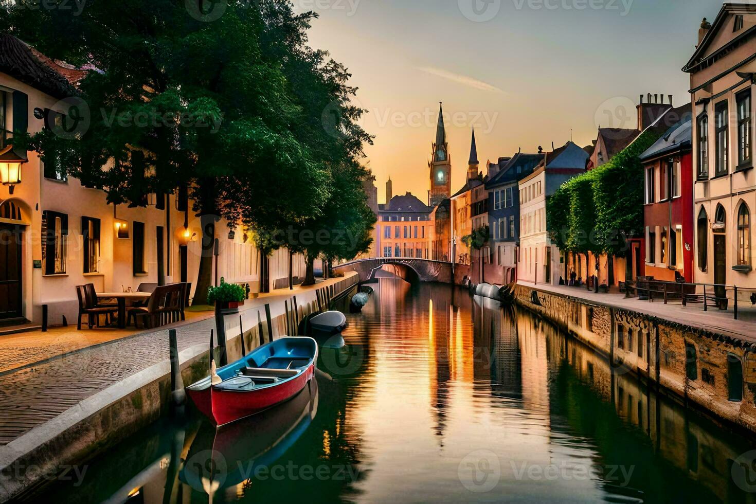 uma canal dentro Bruges, Bélgica. gerado por IA foto