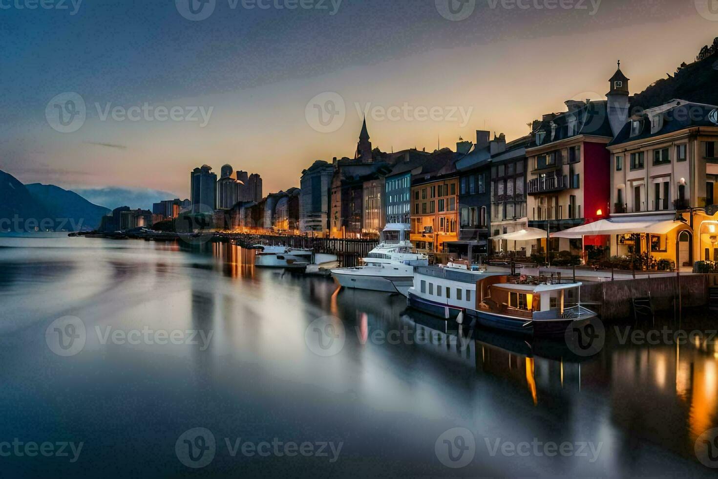 uma rio às crepúsculo com barcos ancorado dentro frente do edifícios. gerado por IA foto