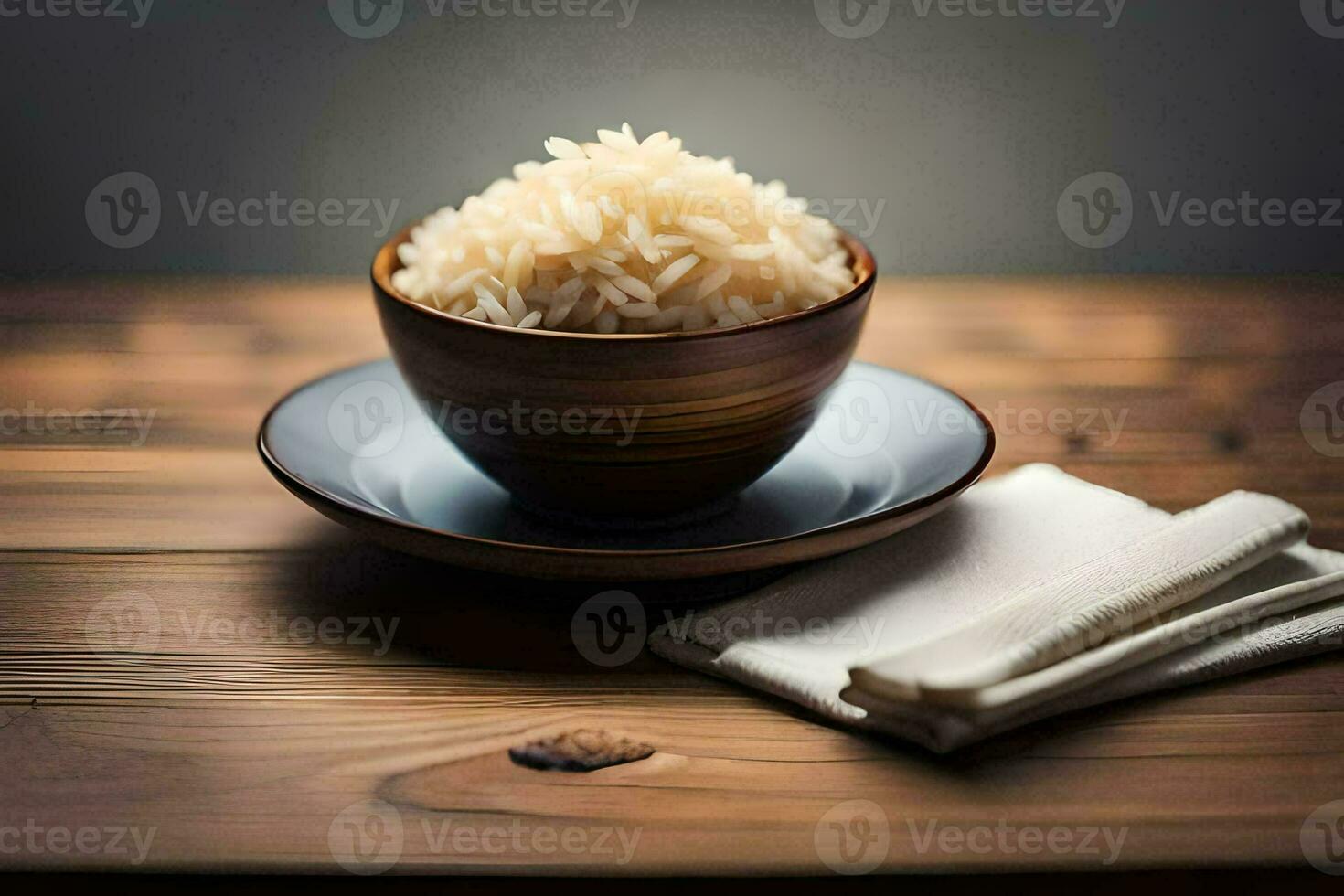 uma tigela do arroz em uma de madeira mesa. gerado por IA foto