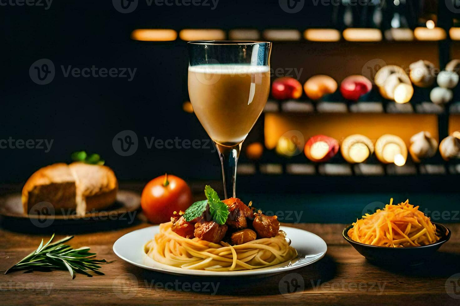 espaguete com carne e tomate molho em uma prato com uma vidro do leite. gerado por IA foto