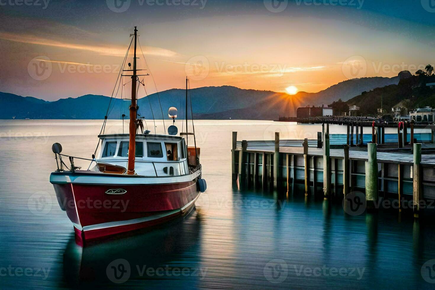 uma barco ancorado às a doca às pôr do sol. gerado por IA foto