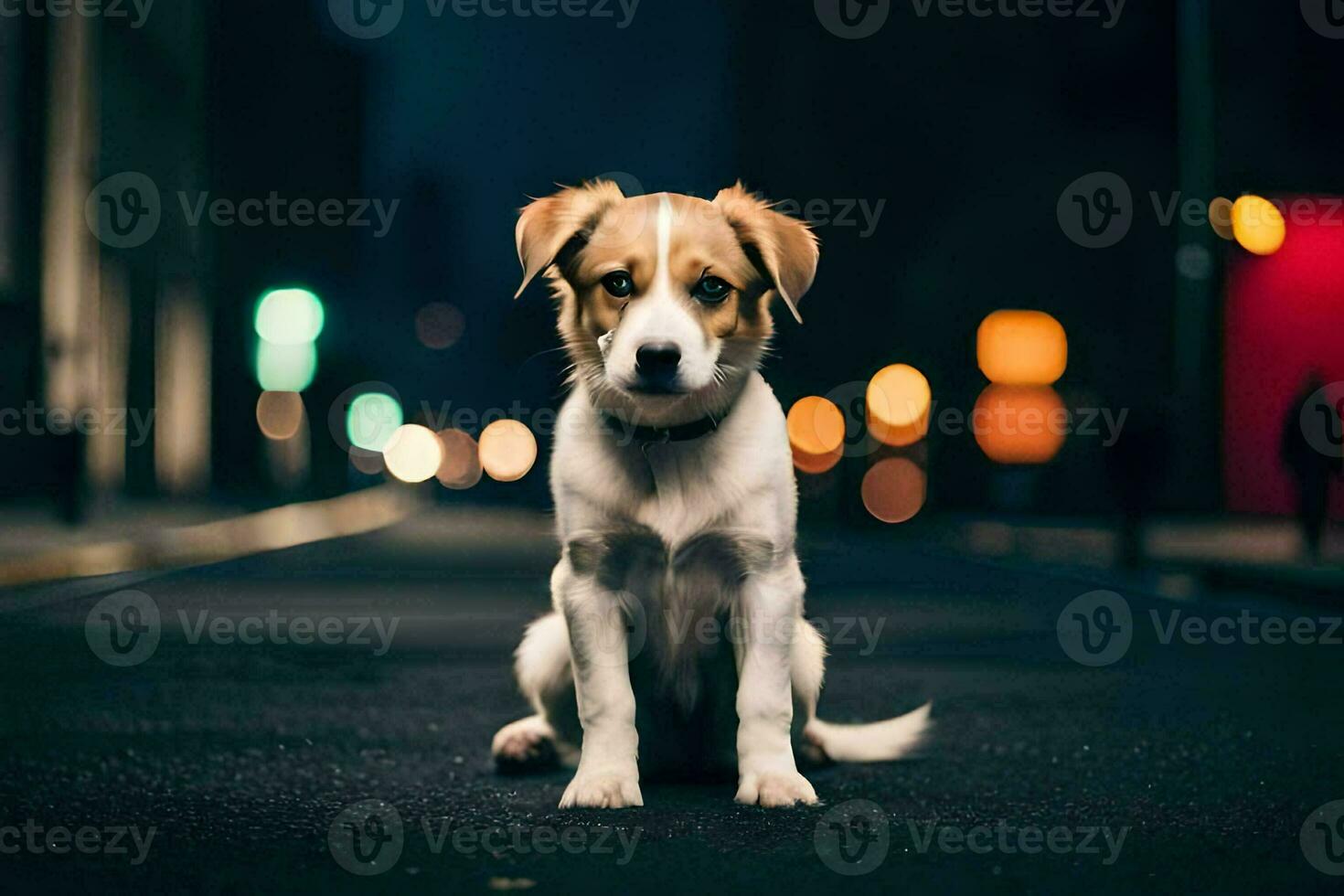 uma cachorro sentado em a rua às noite. gerado por IA foto