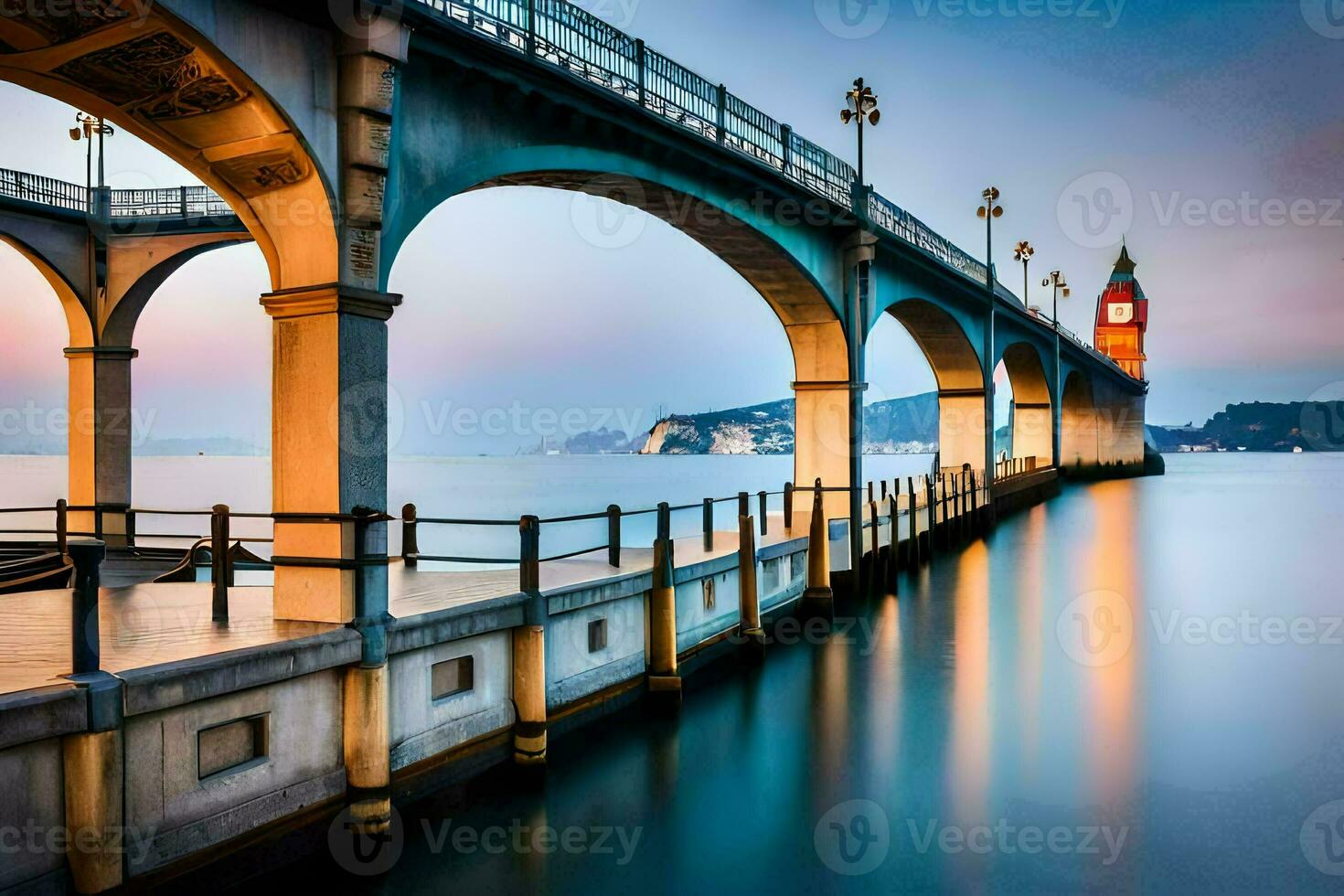 uma grandes ponte com uma relógio torre dentro a fundo. gerado por IA foto