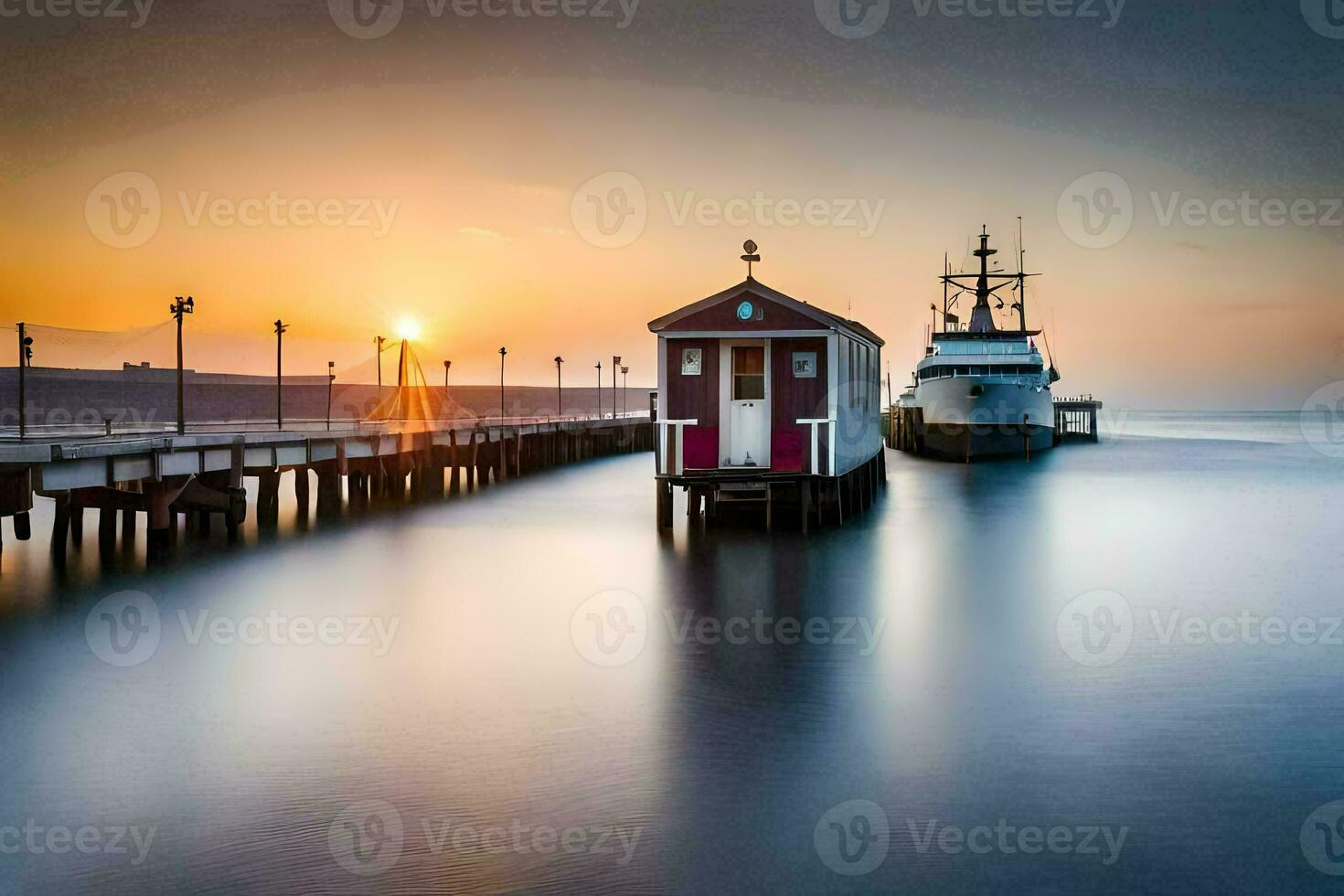 uma barco é ancorado às a fim do uma cais às pôr do sol. gerado por IA foto