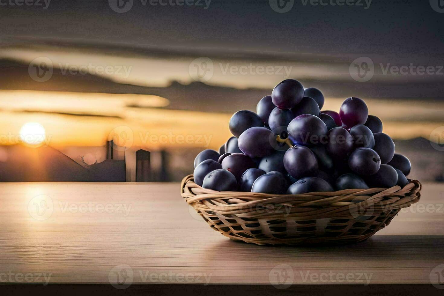 uvas dentro uma cesta em uma mesa com uma pôr do sol dentro a fundo. gerado por IA foto