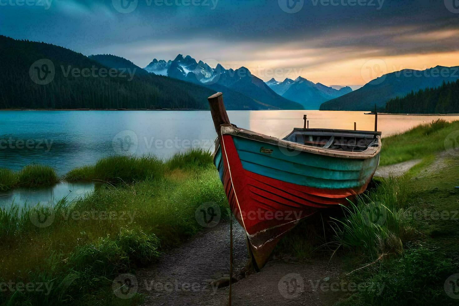 uma barco senta em a costa do uma lago às pôr do sol. gerado por IA foto