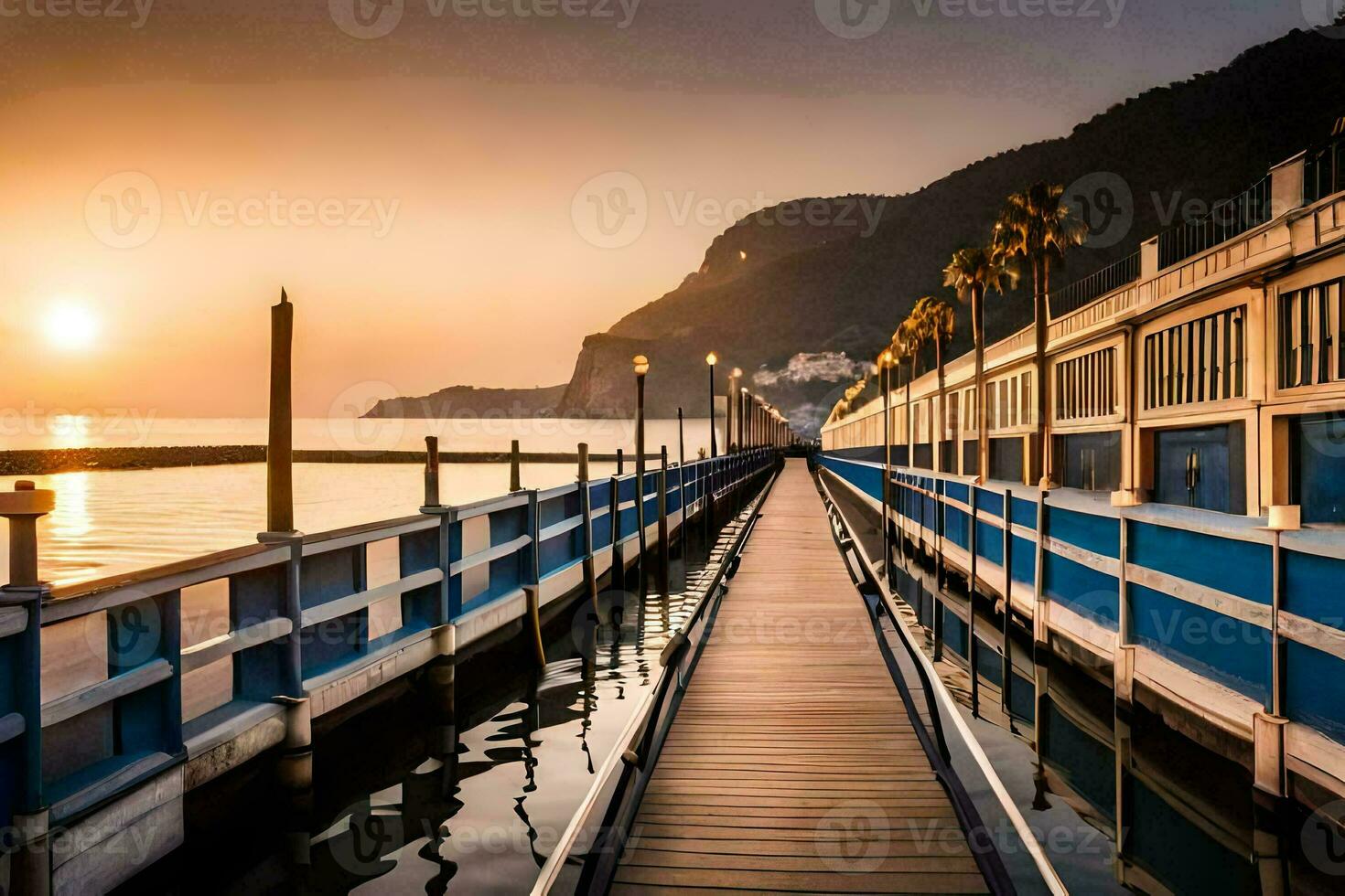 uma cais com uma calçadão conduzindo para a oceano às pôr do sol. gerado por IA foto