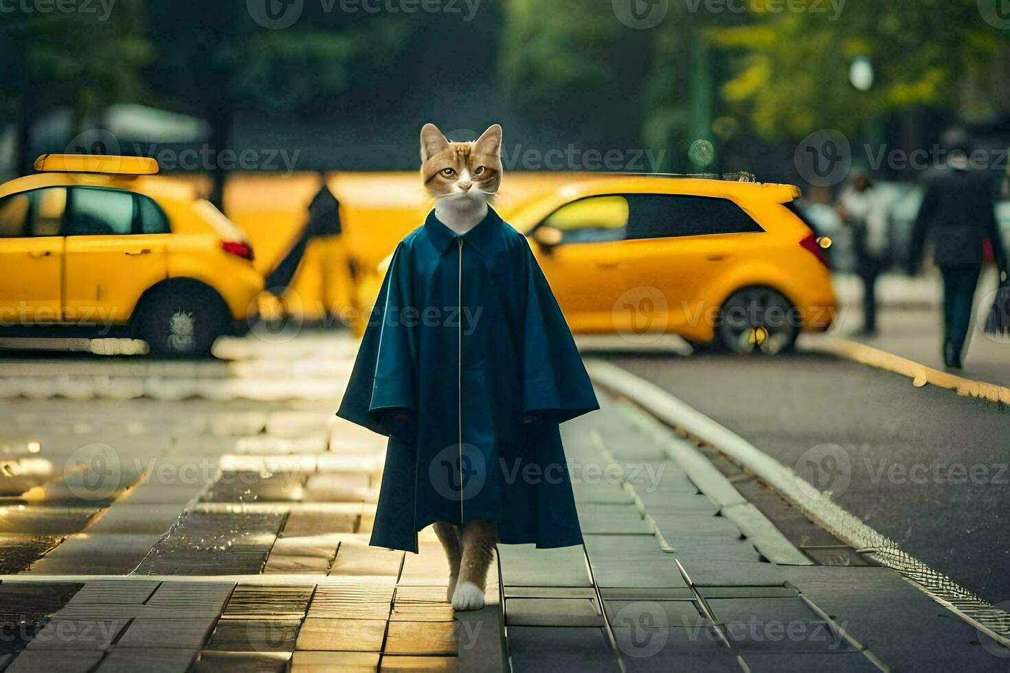 uma gato dentro uma azul roupão caminhando baixa uma rua. gerado por IA foto