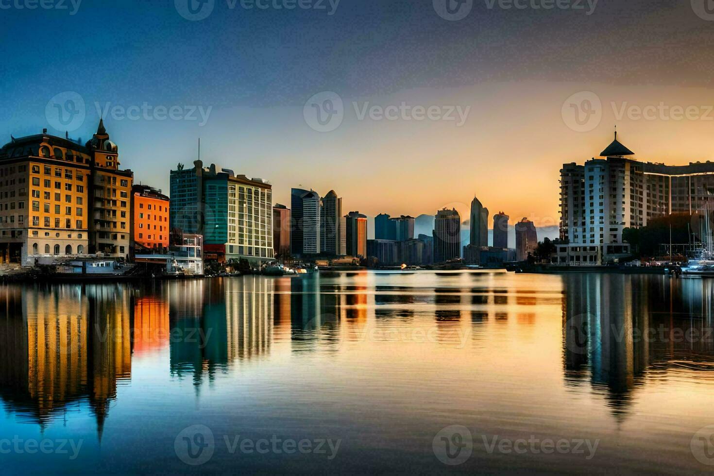 a cidade Horizonte é refletido dentro a água às pôr do sol. gerado por IA foto