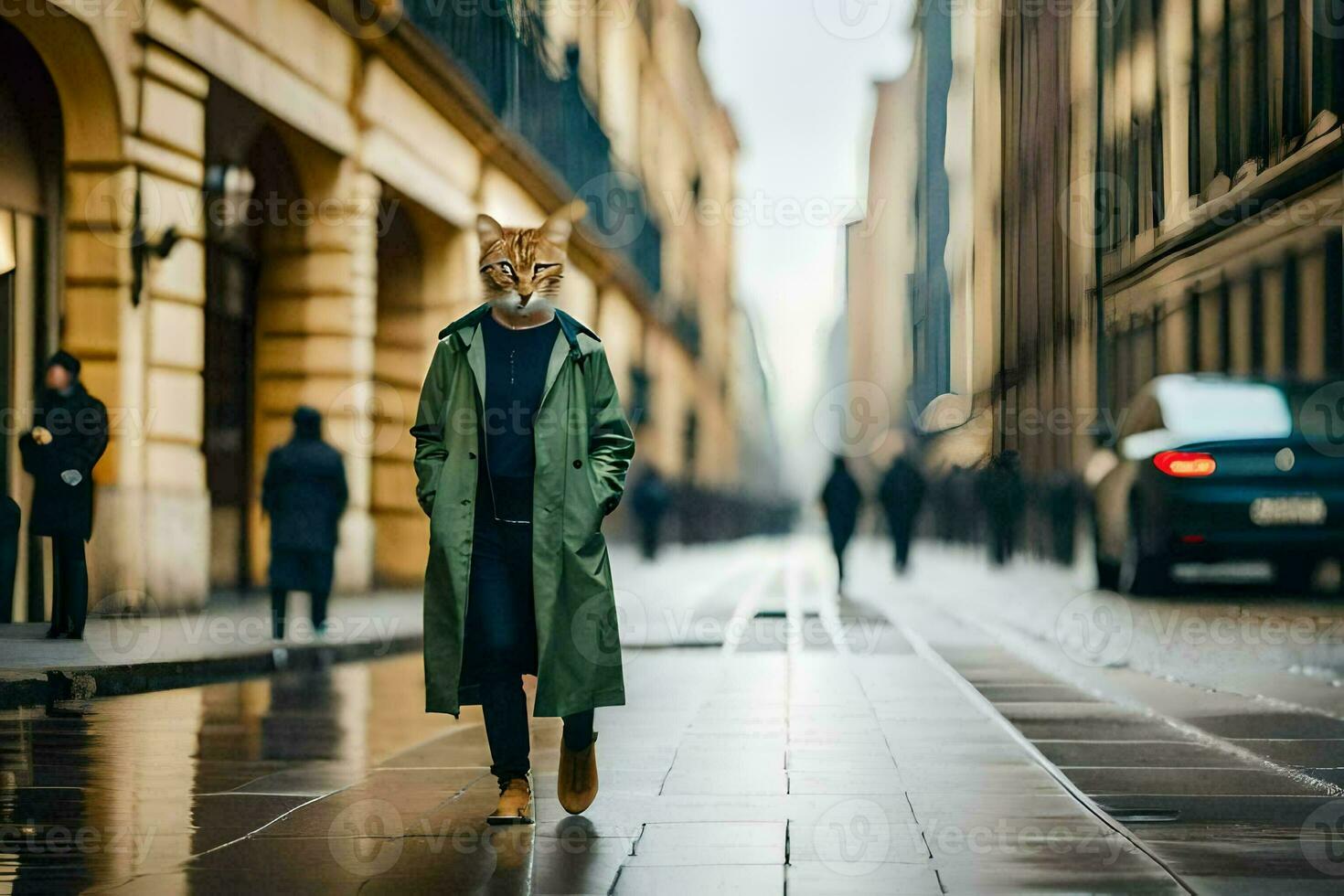 uma homem vestindo uma Raposa mascarar anda em baixa uma cidade rua. gerado por IA foto