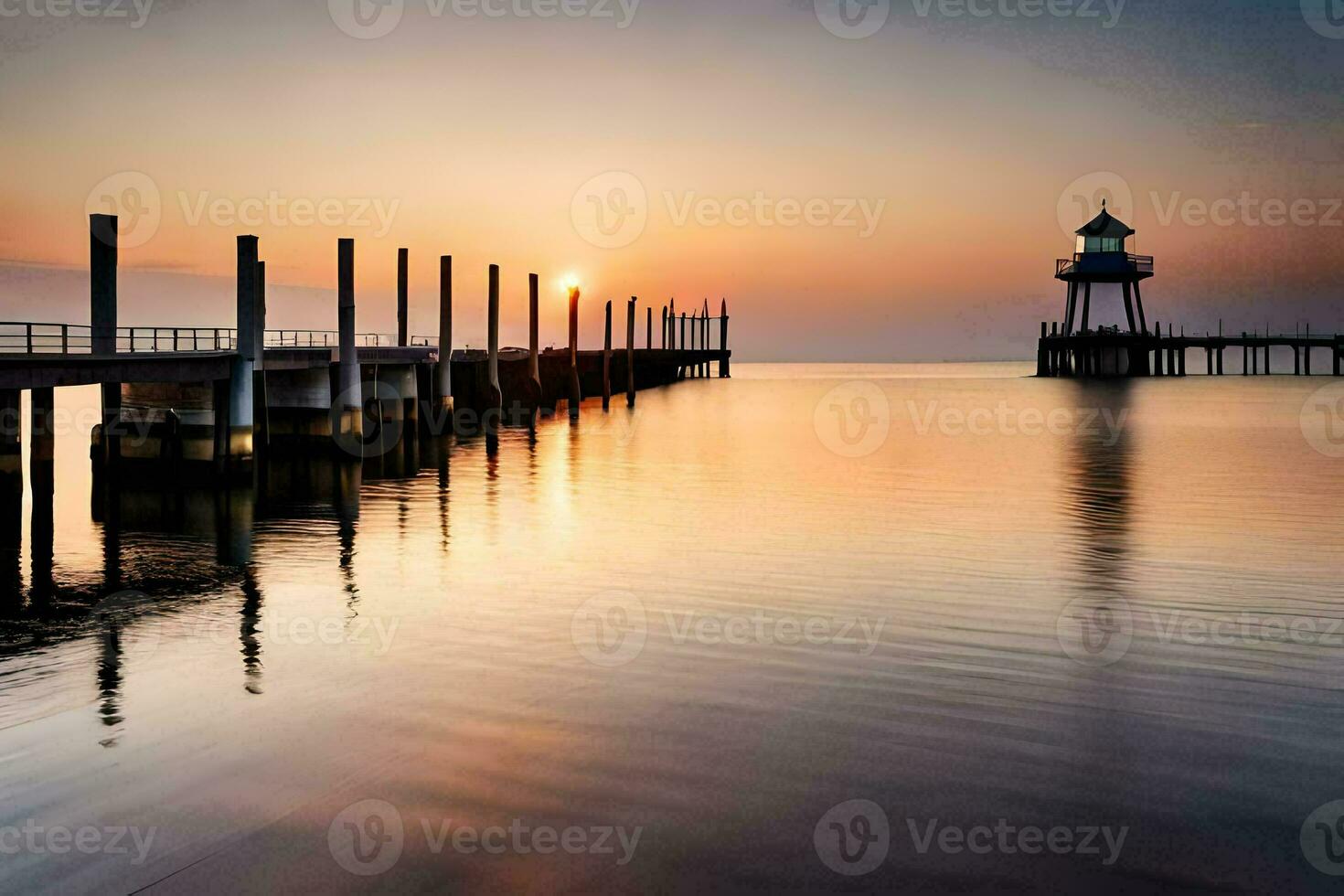 uma cais com uma farol às pôr do sol. gerado por IA foto