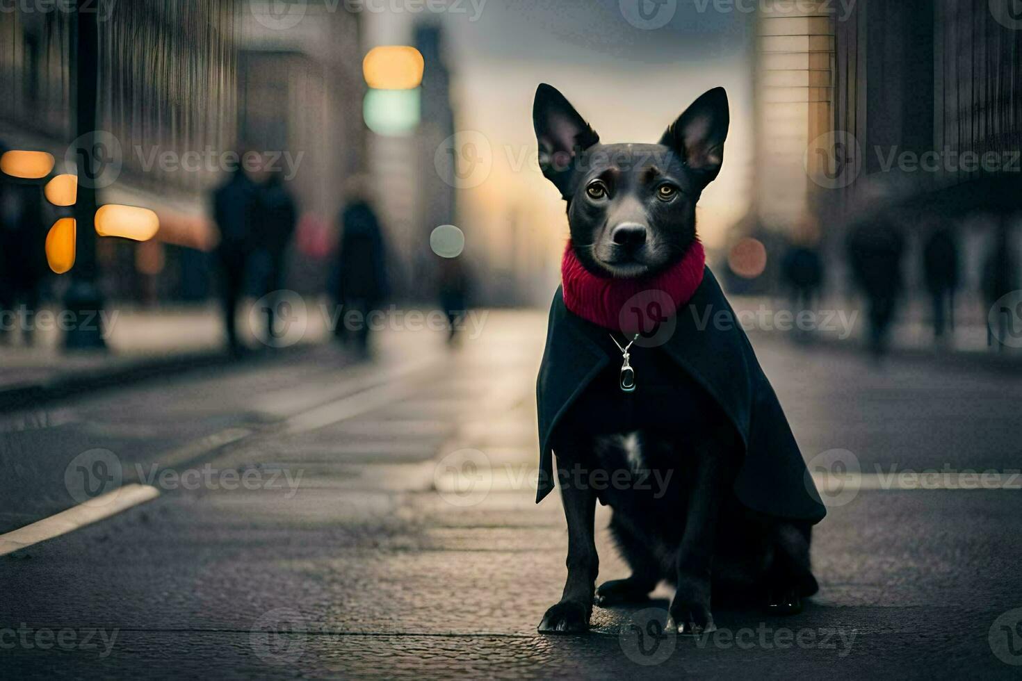 uma cachorro vestindo uma vermelho cachecol sentado em a rua. gerado por IA foto