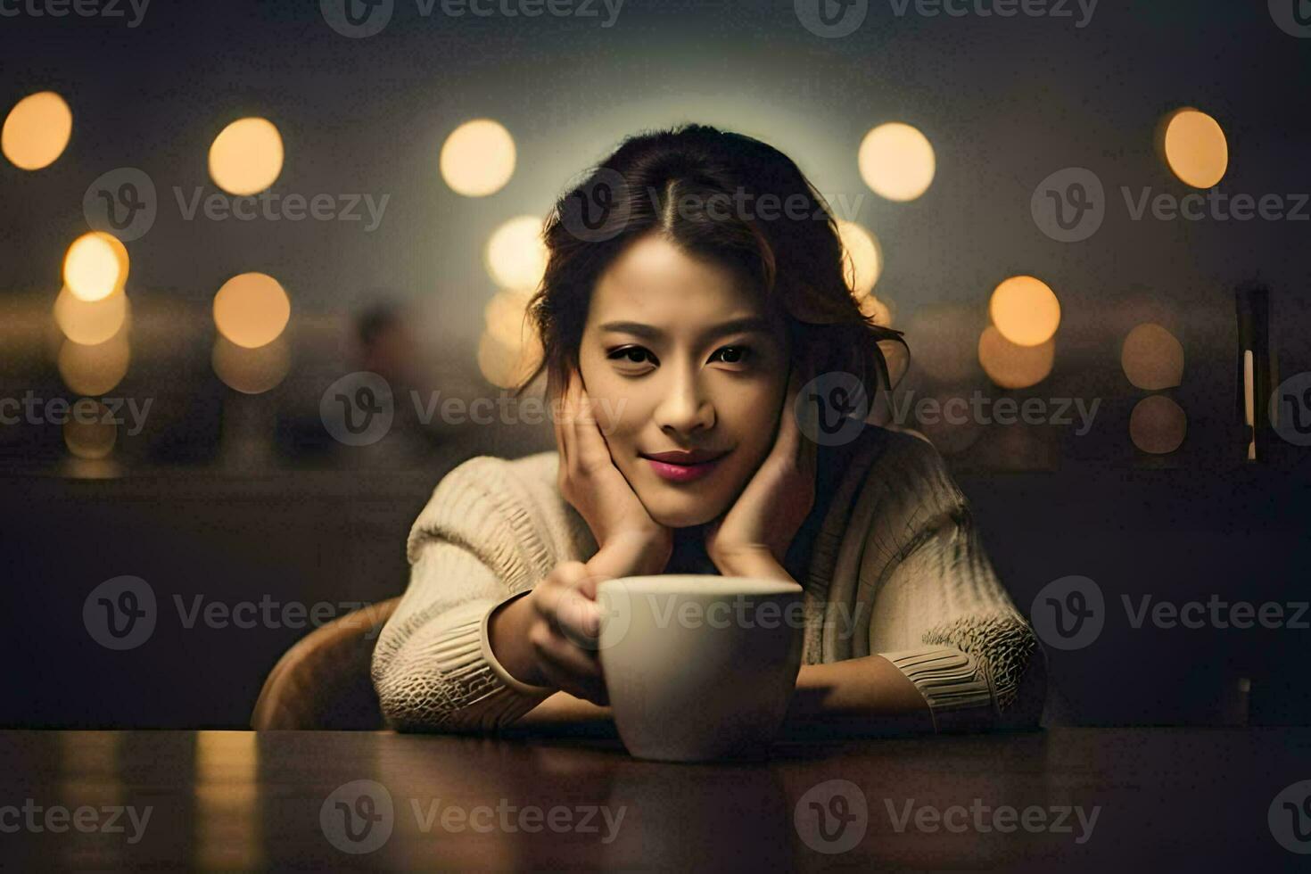 uma mulher é sentado às uma mesa com uma copo do café. gerado por IA foto