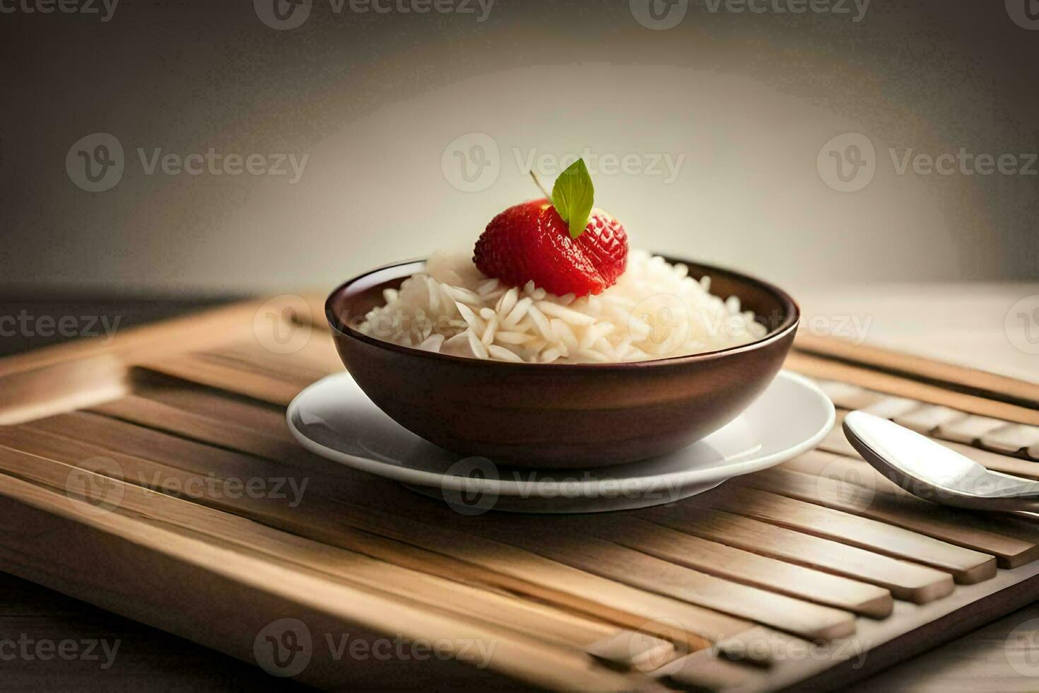 uma tigela do arroz com uma morango em topo. gerado por IA foto