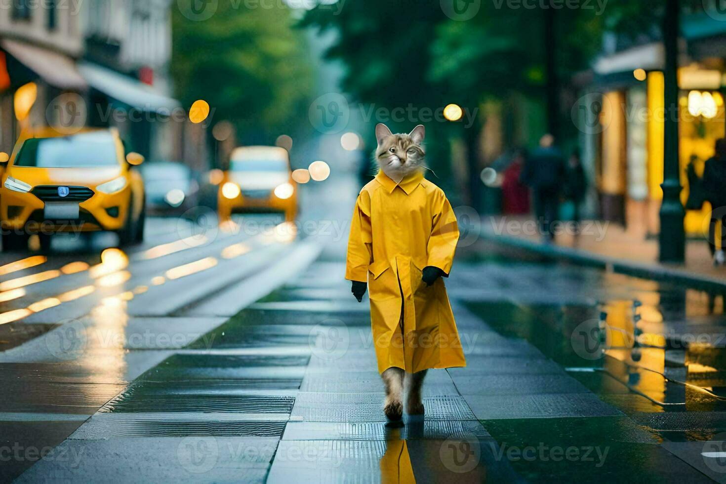 uma gato dentro uma capa de chuva caminhando baixa uma rua. gerado por IA foto