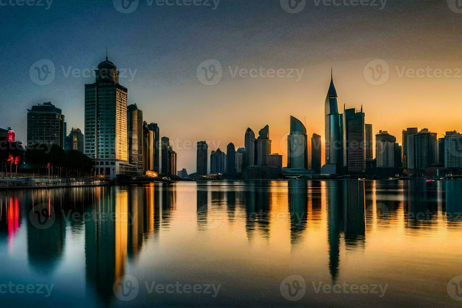 a cidade Horizonte às pôr do sol dentro dubai. gerado por IA foto