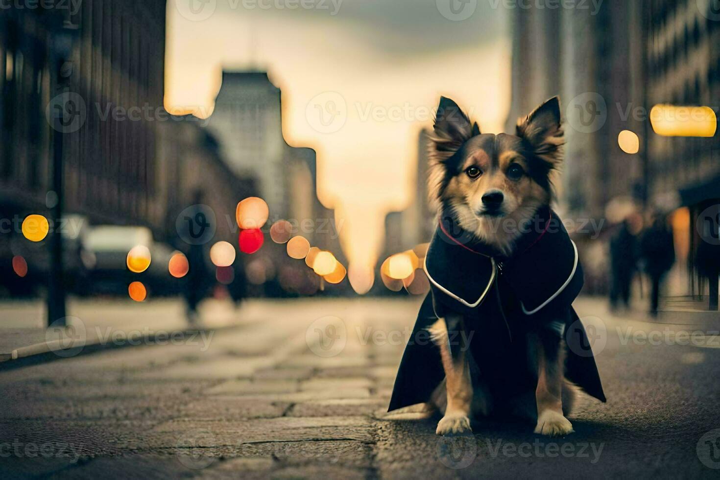 uma cachorro dentro uma casaco sentado em a rua. gerado por IA foto