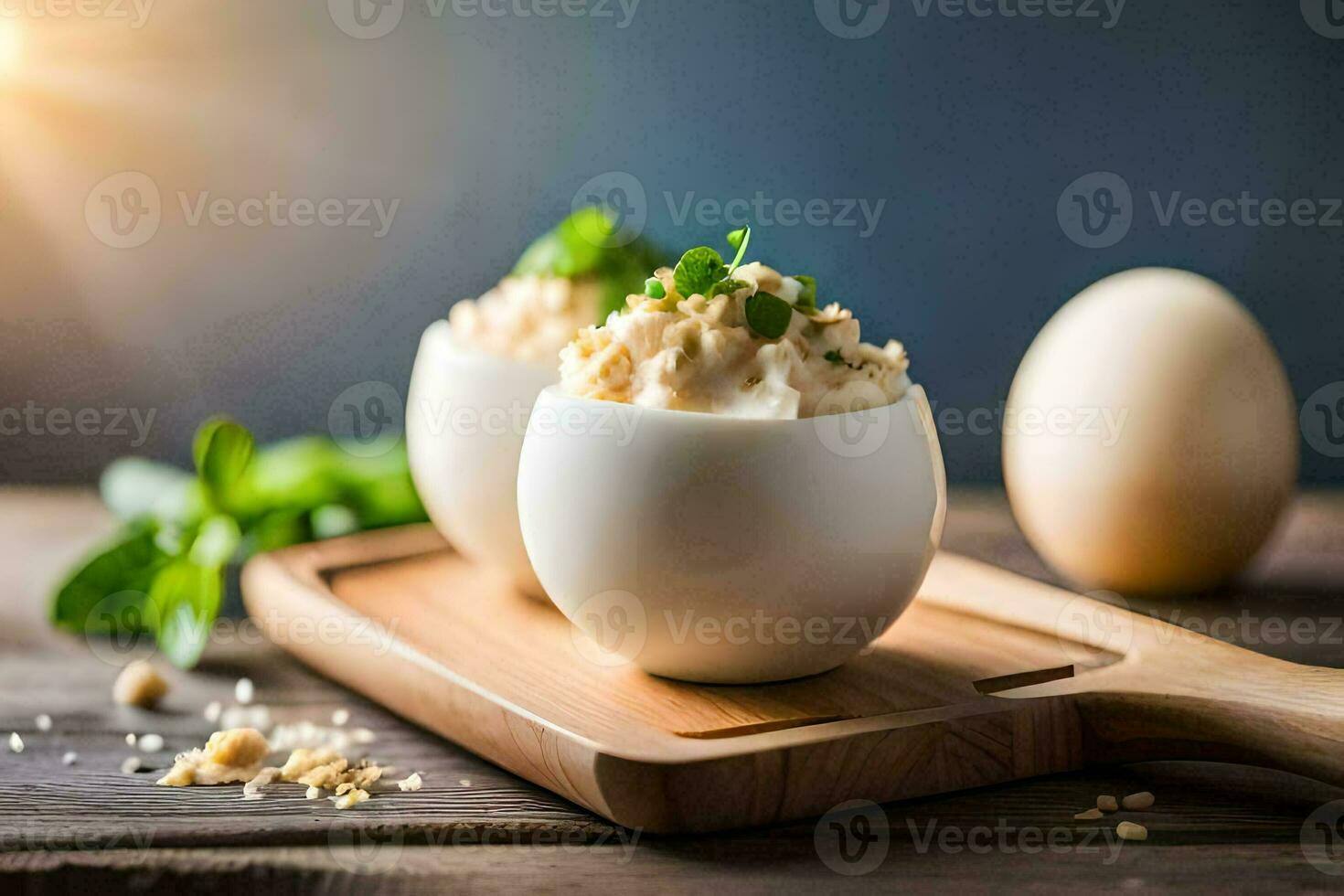 dois ovos dentro branco cartuchos com queijo e ervas. gerado por IA foto