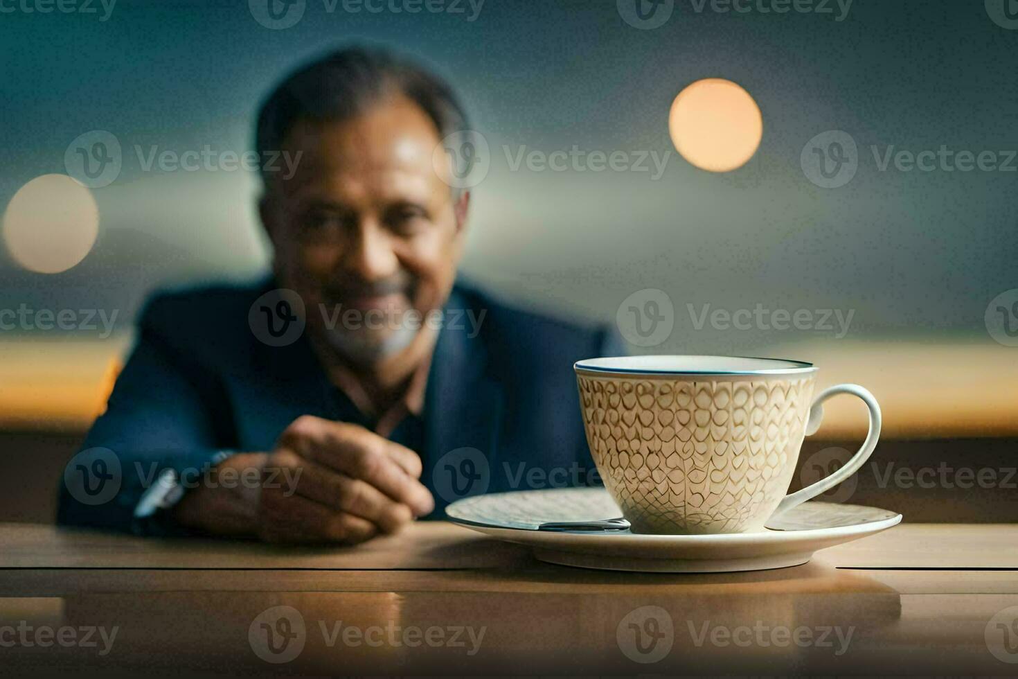 uma homem sentado às uma mesa com uma copo do café. gerado por IA foto