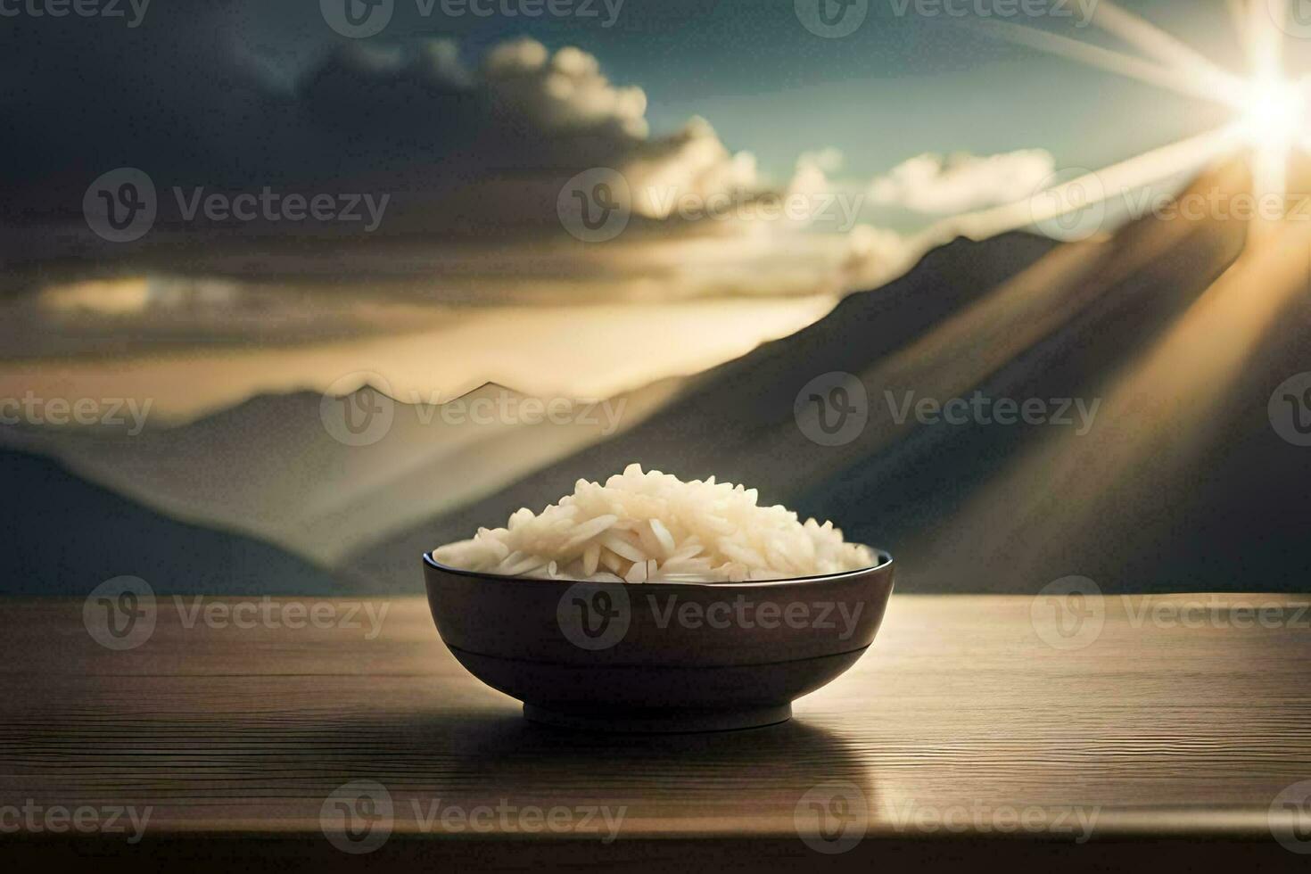 arroz dentro uma tigela em uma mesa com montanhas dentro a fundo. gerado por IA foto