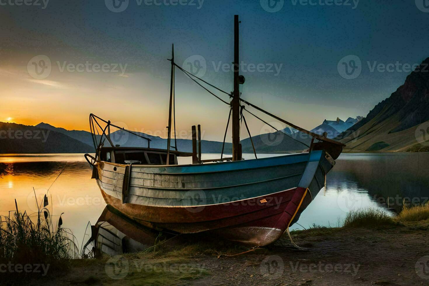 uma barco senta em a costa às pôr do sol. gerado por IA foto