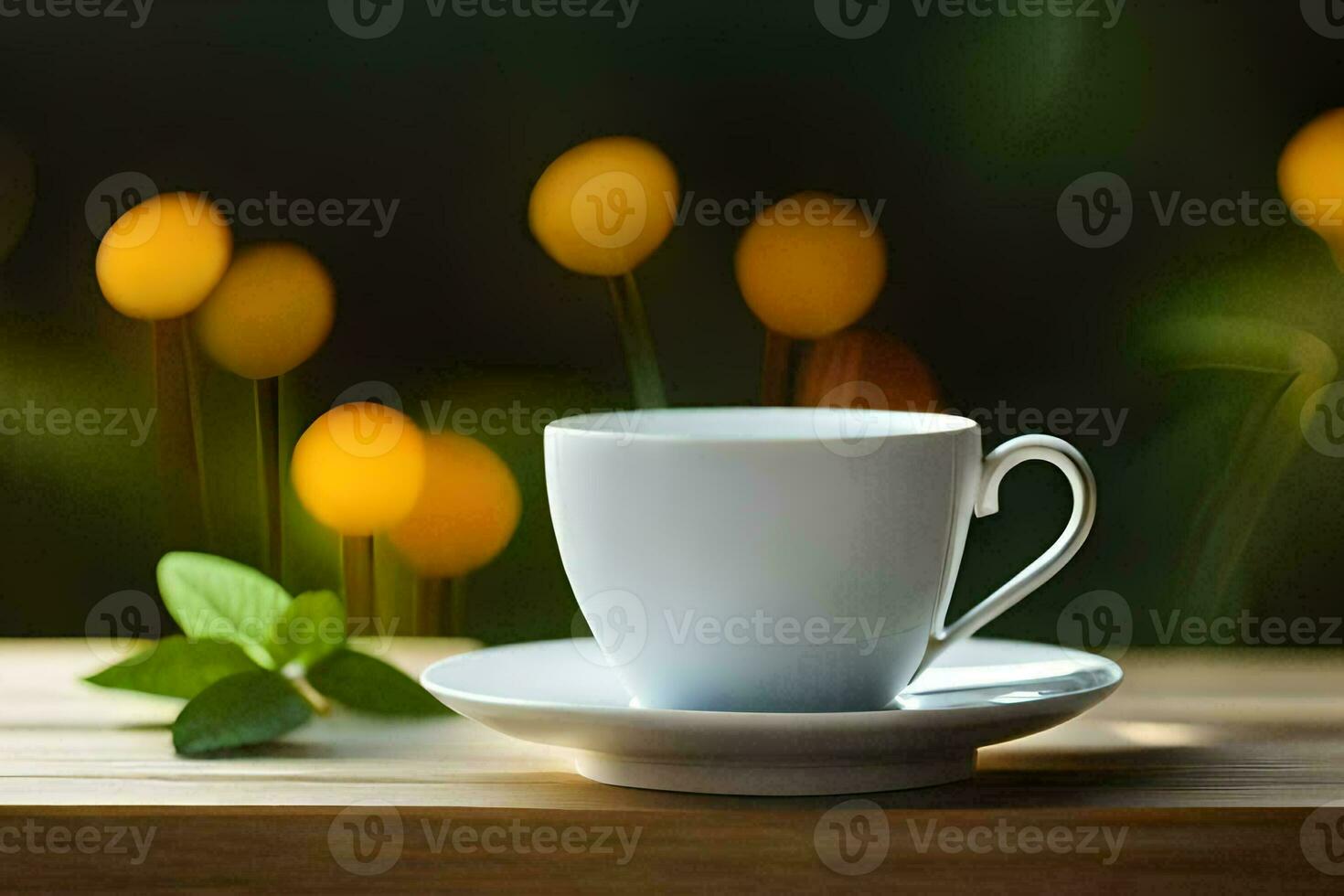 uma copo do chá em uma de madeira mesa com uma borrado fundo. gerado por IA foto
