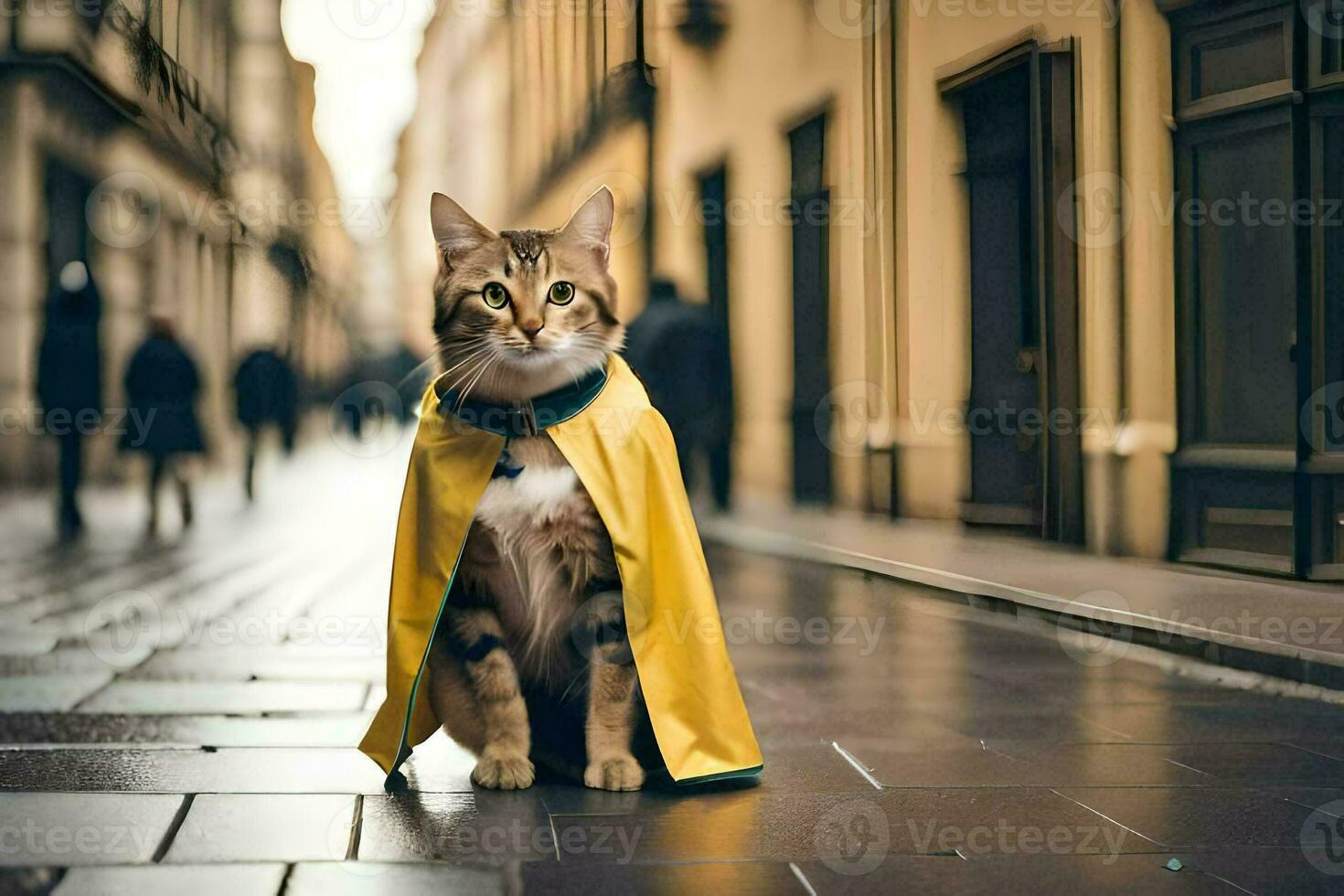 uma gato vestindo uma amarelo capa em uma rua. gerado por IA foto