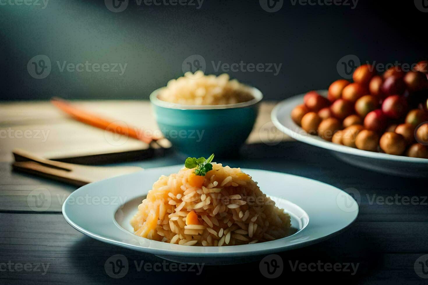 uma prato do arroz com uma colher e uma tigela do nozes. gerado por IA foto