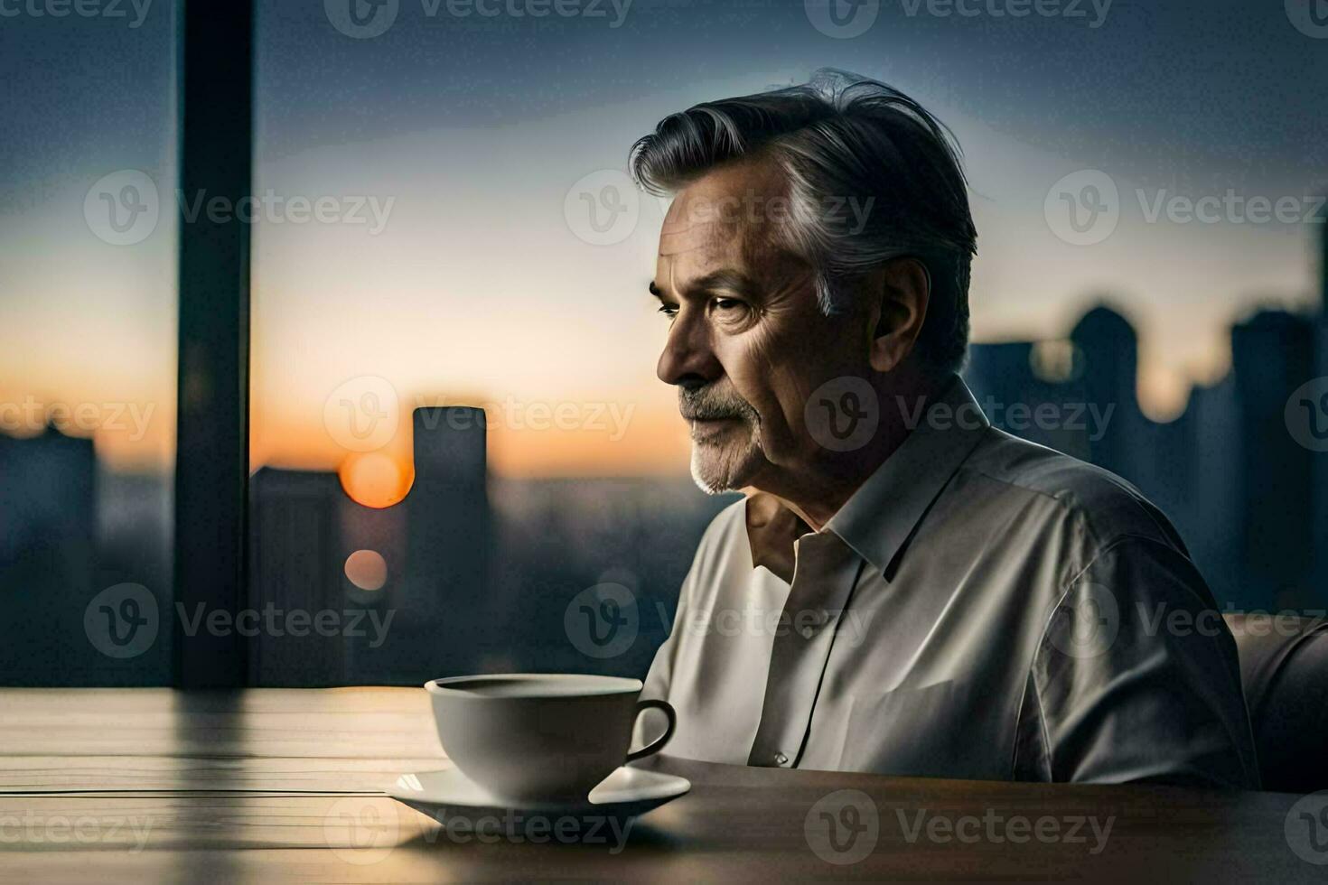 a Mais velho homem sentado às uma mesa com uma copo do café. gerado por IA foto