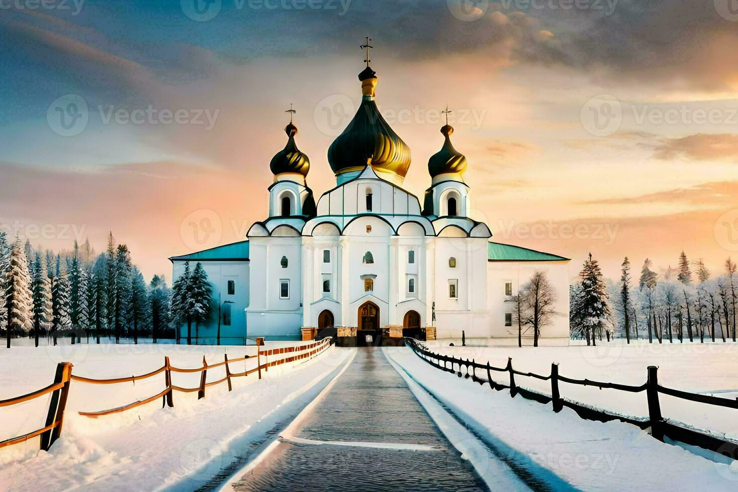 uma Igreja dentro a neve com uma estrada conduzindo para isto. gerado por IA foto