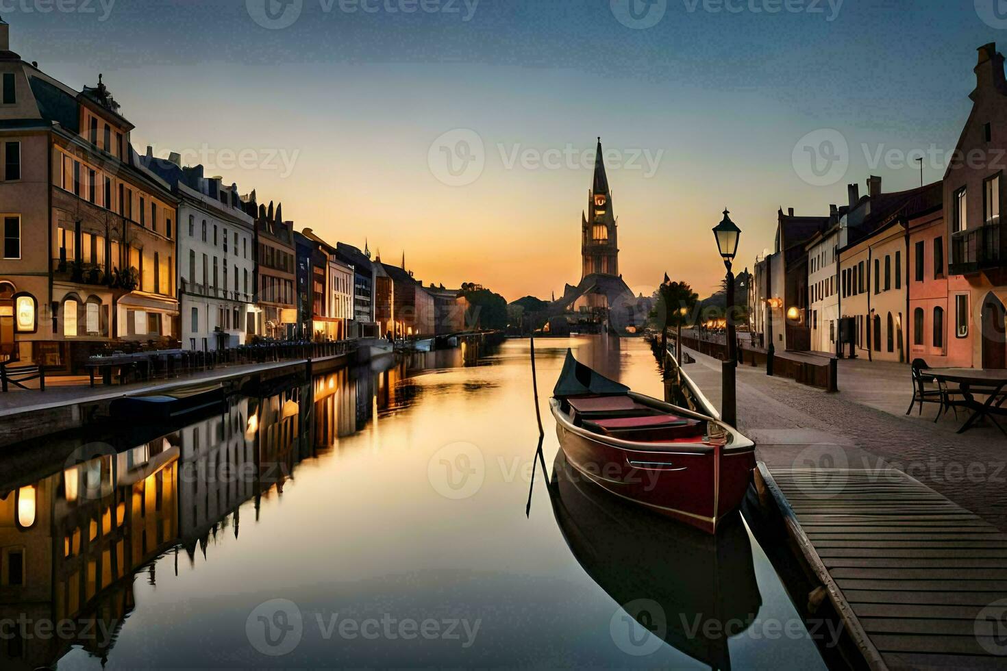 uma barco senta em a água dentro uma canal às pôr do sol. gerado por IA foto