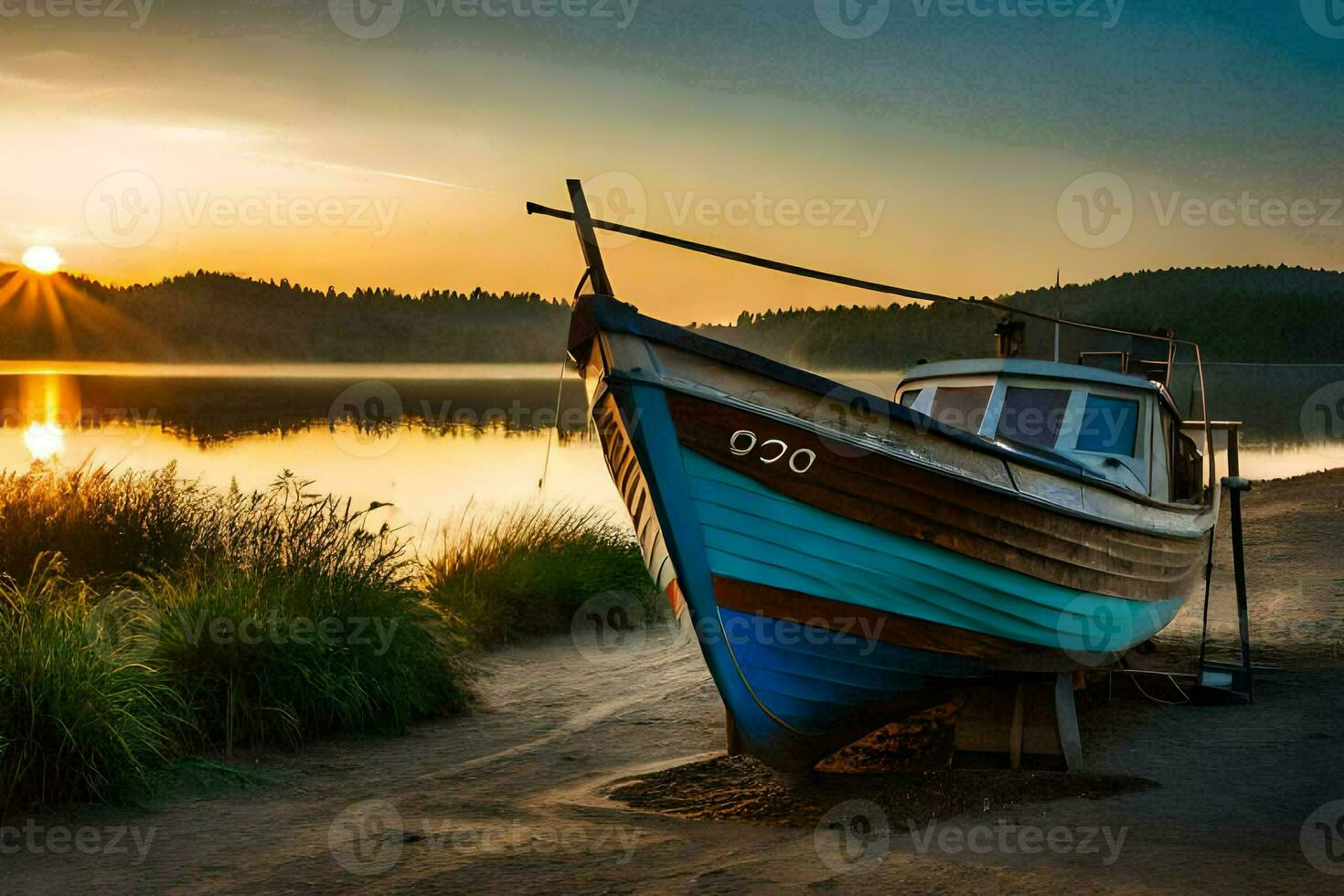 uma barco senta em a costa às pôr do sol. gerado por IA foto