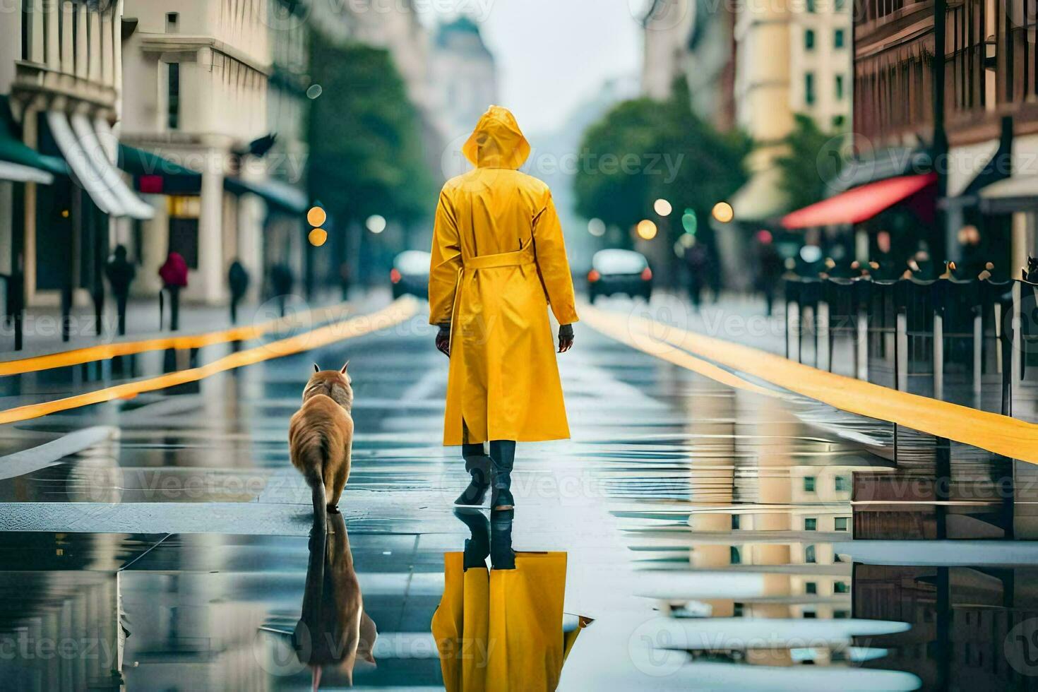 uma mulher dentro uma amarelo capa de chuva caminhando dela cachorro em uma molhado rua. gerado por IA foto