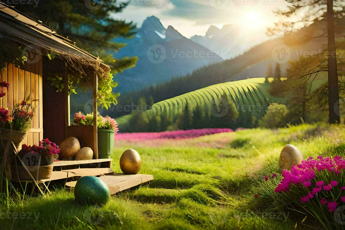 uma cabine dentro a montanhas com flores e ovos. gerado por IA foto