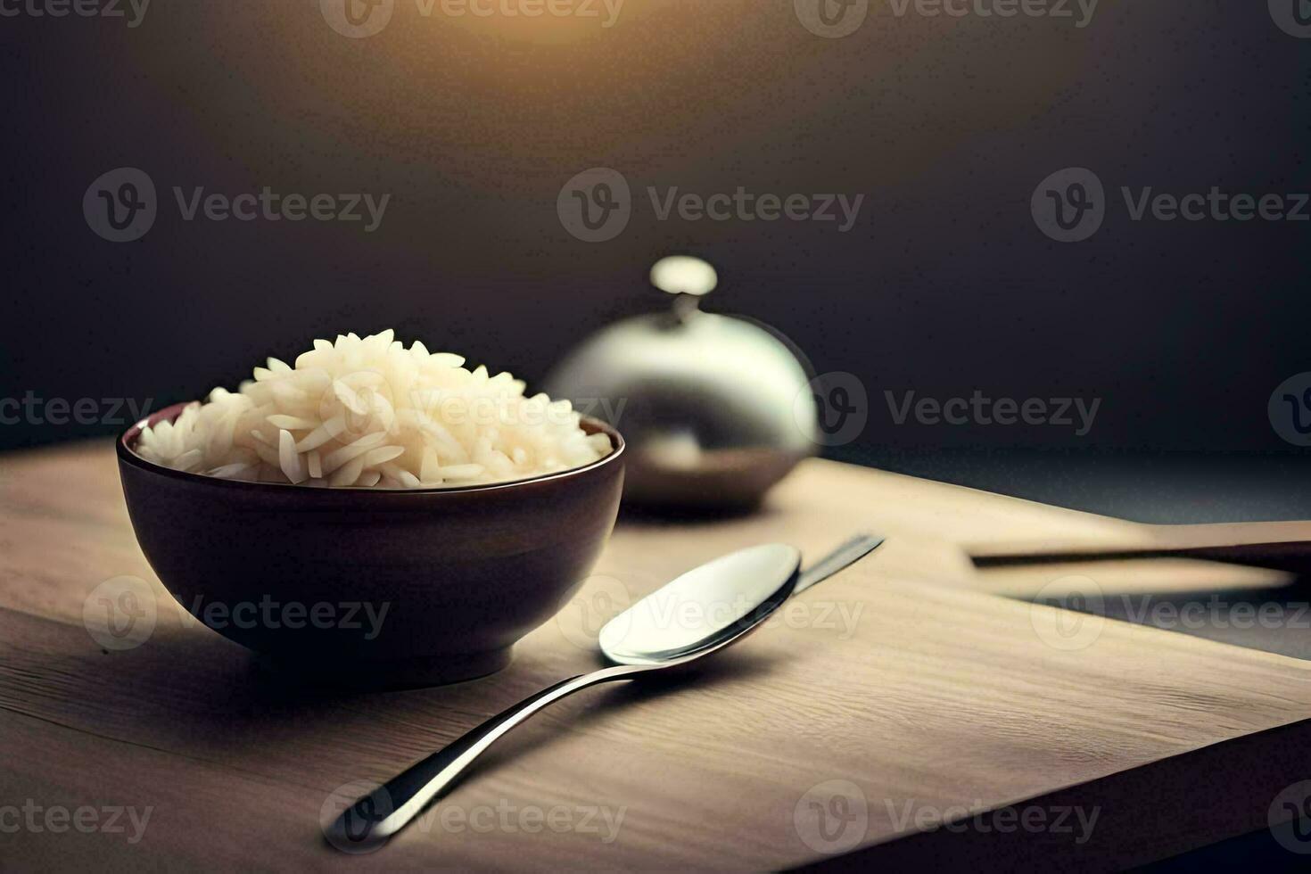 uma tigela do arroz e colher em uma de madeira mesa. gerado por IA foto